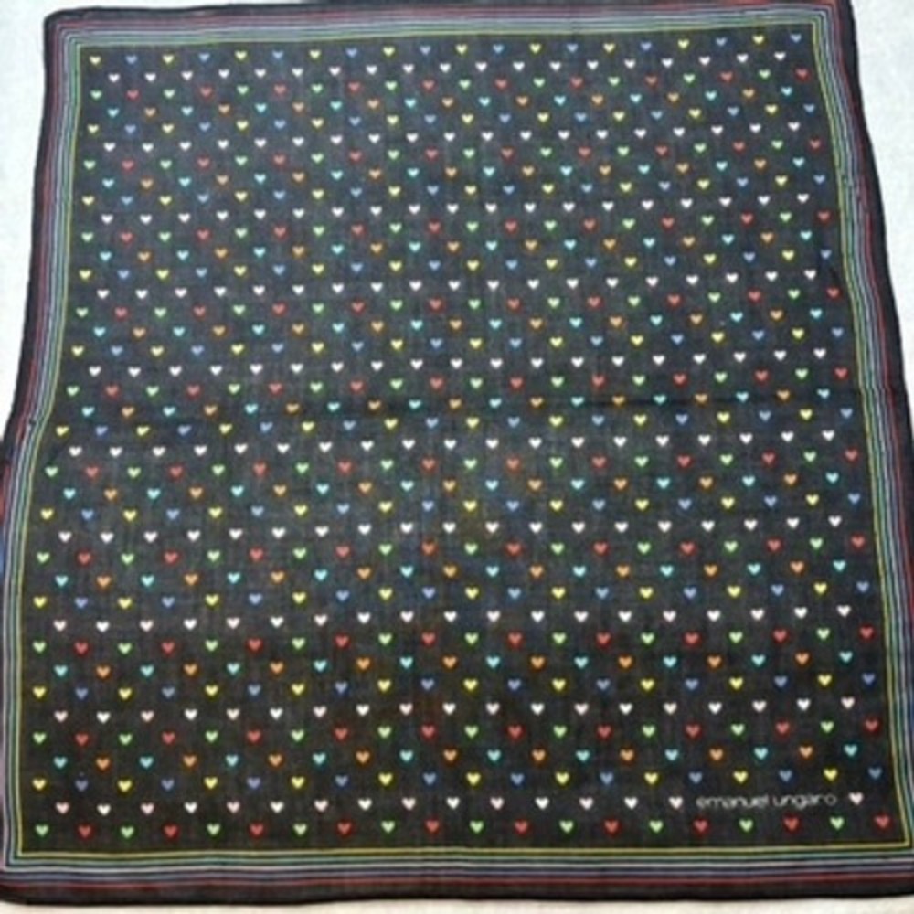 Vtg EMANUEL UNGARO Scarf Handkerchief Heart Multi Color Cotton Black 16"